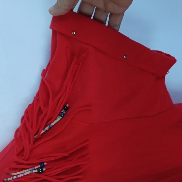 Vintage Joanie W. Western red fringe beaded tee, studded sleeve,  shoulder pads - Picture 3 of 6